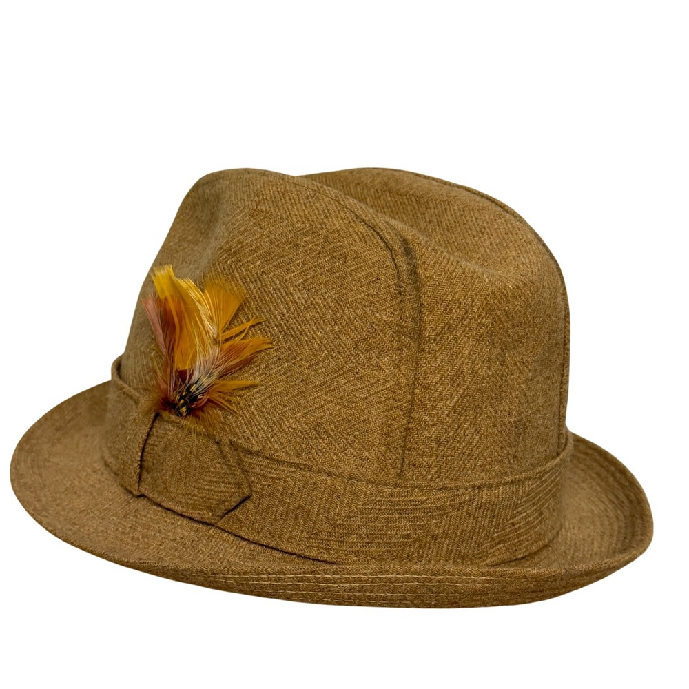Biltmore Brown Herringbone Fedora Hat‎ Feather Detail Size 7 1/2